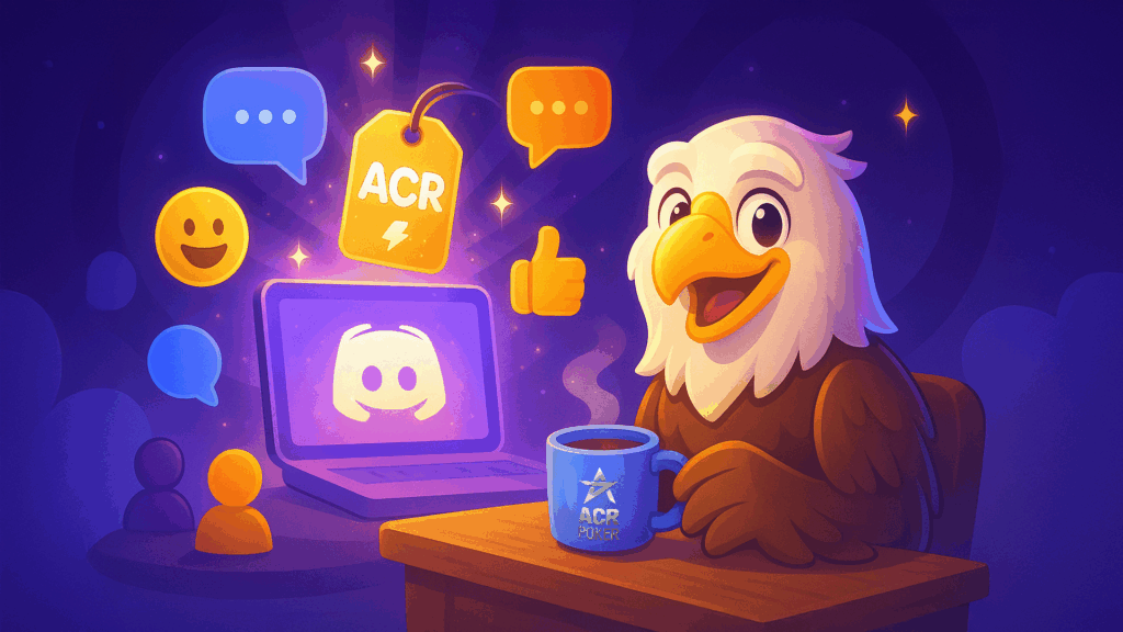 Discord-style community scene with ACR server tag feature and team mascots in purple lighting.