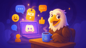 Discord-style community scene with ACR server tag feature and team mascots in purple lighting.