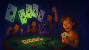 Haunted poker table with glowing cards, serpent-shaped chip trail, and community players celebrating wins.